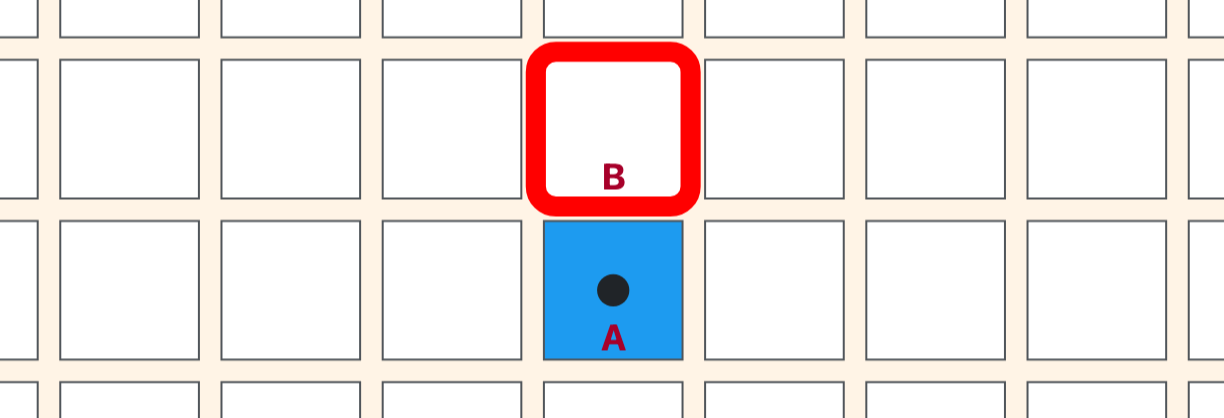 Board after blue moves at A, with green's next move identified as B