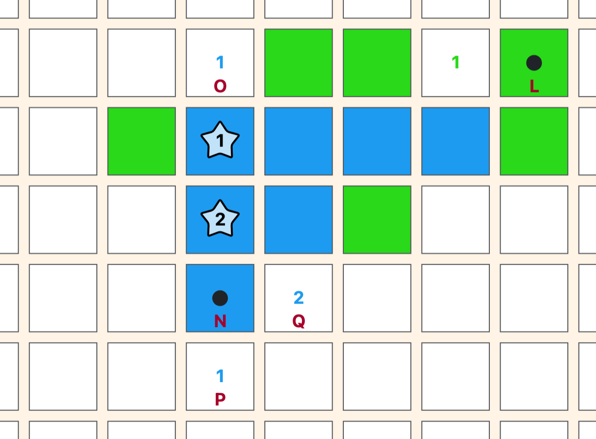 Board showing blue's triple threat at O, P, and Q