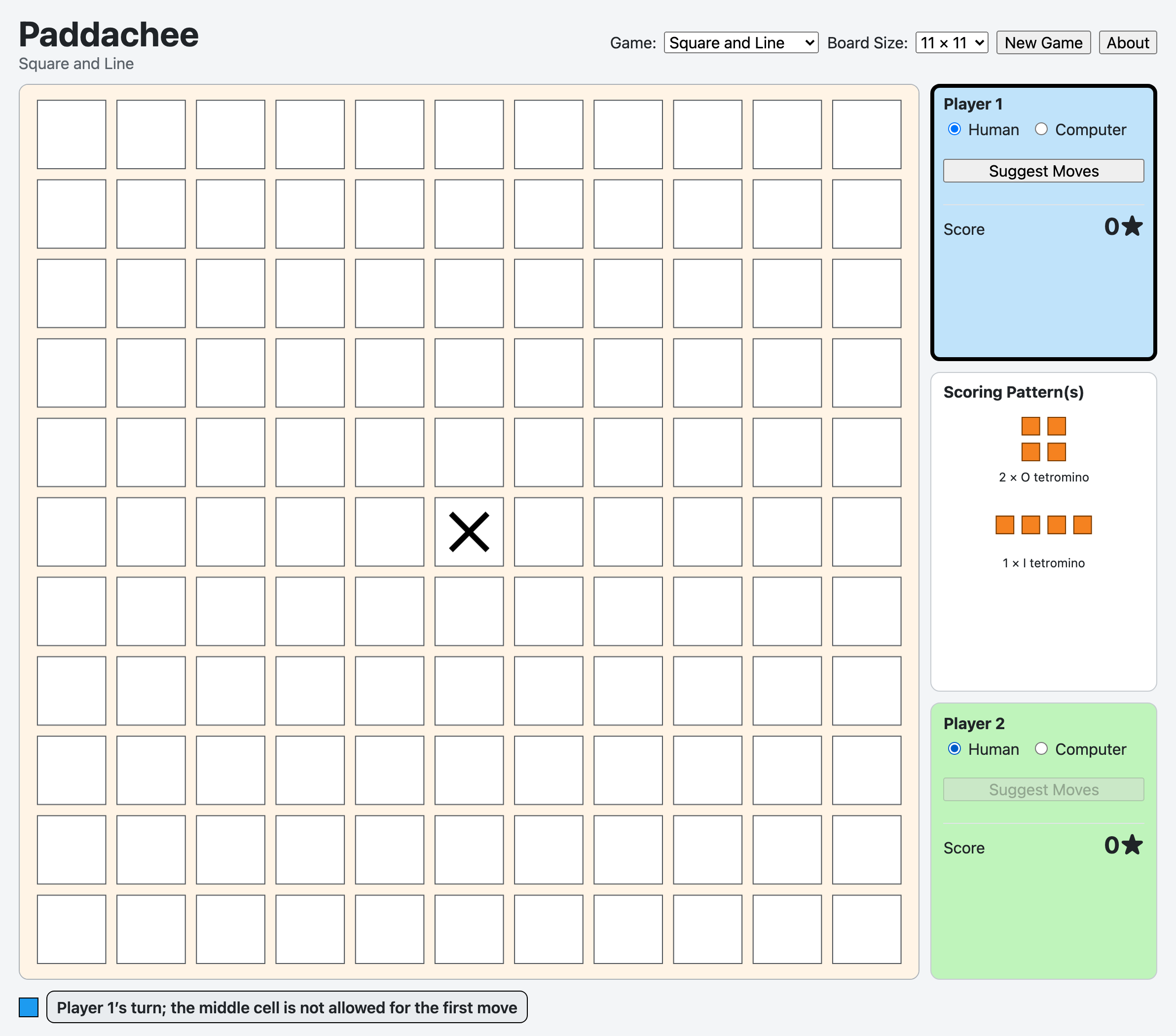 Paddachee app showing an empty Square and Line board, player controls, scoring patterns, and status area