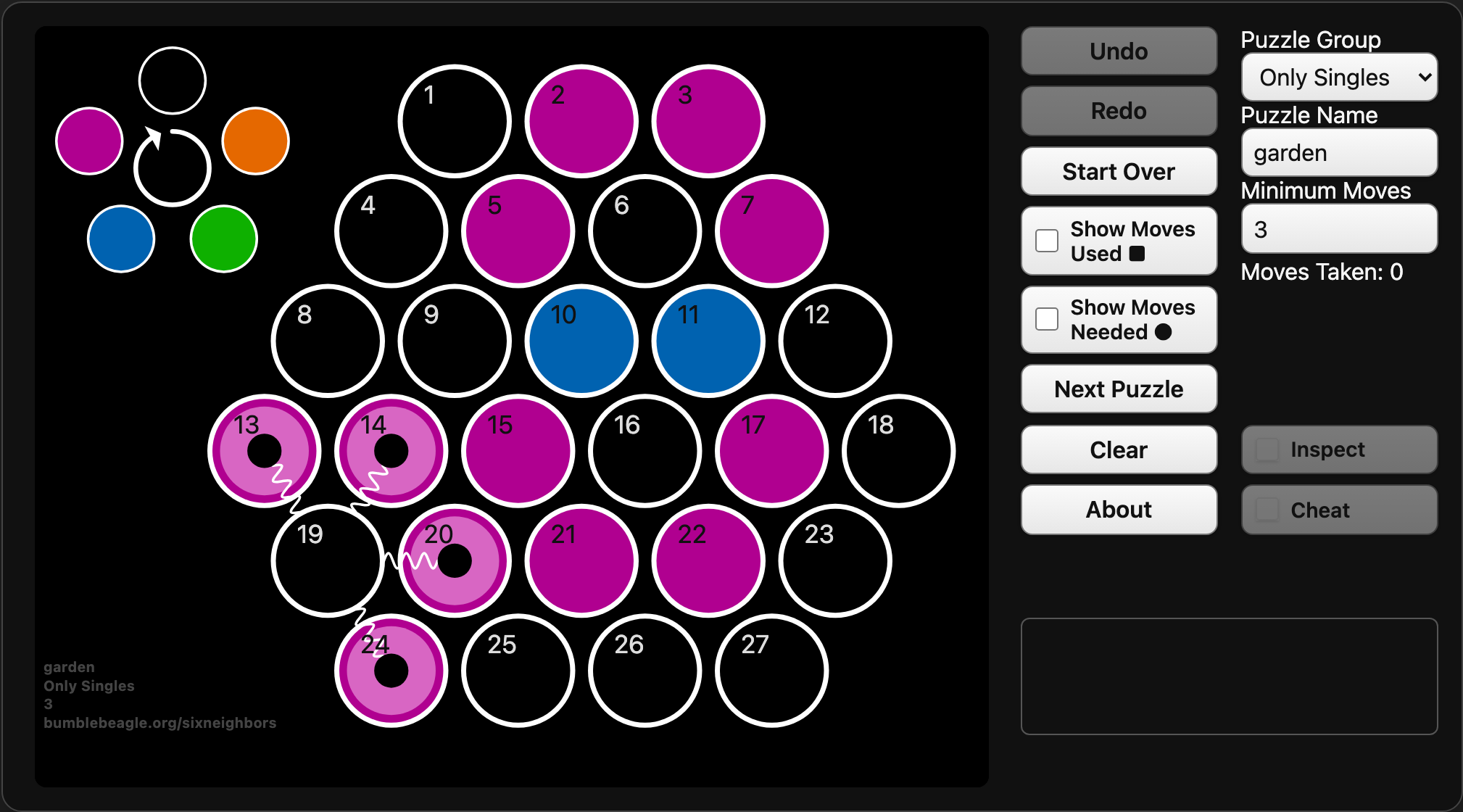 Cell 19 highlighted, showing its four neighboring cells and their next colors.