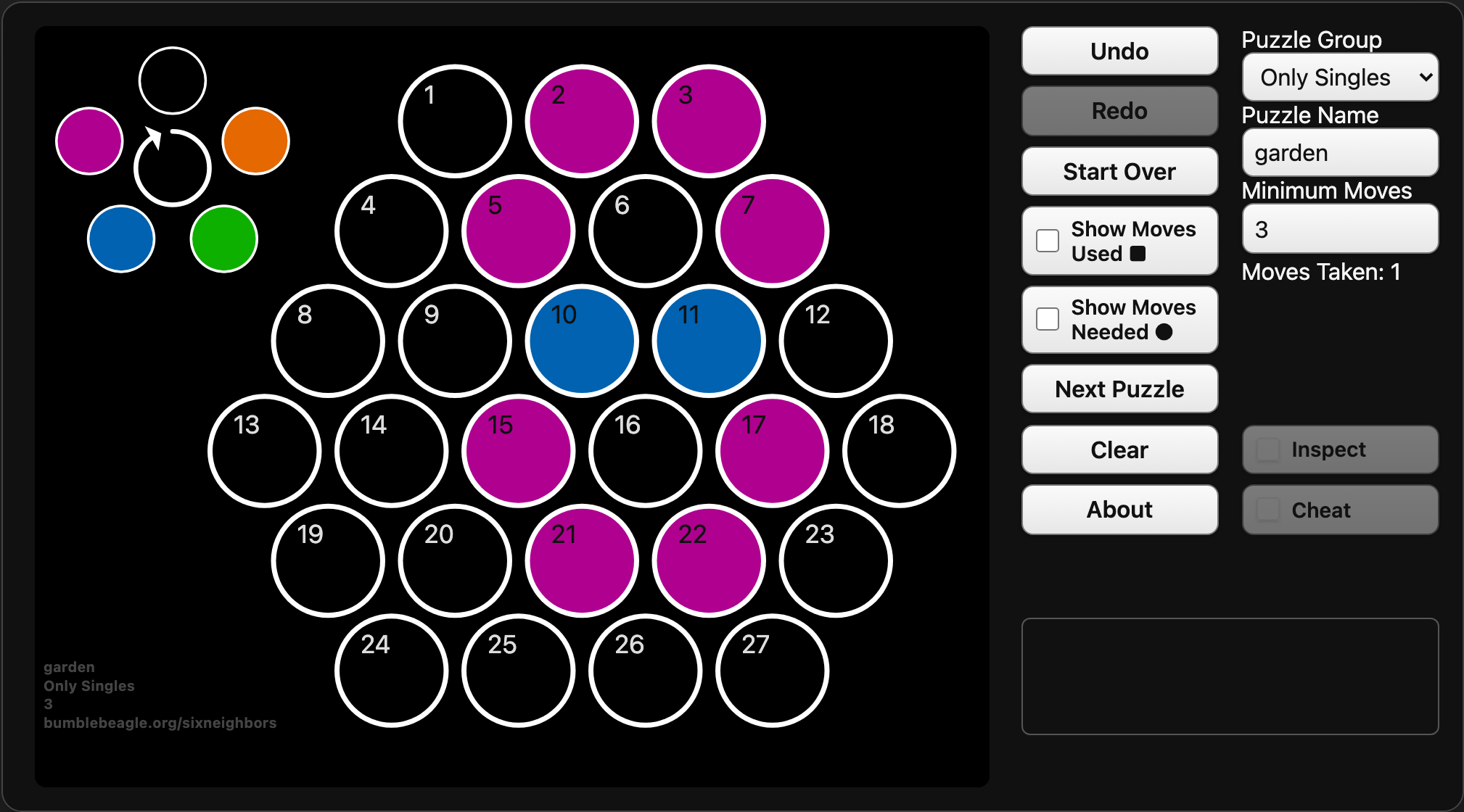 The Garden puzzle after a move on cell 19, leaving plum and blueberry cells.