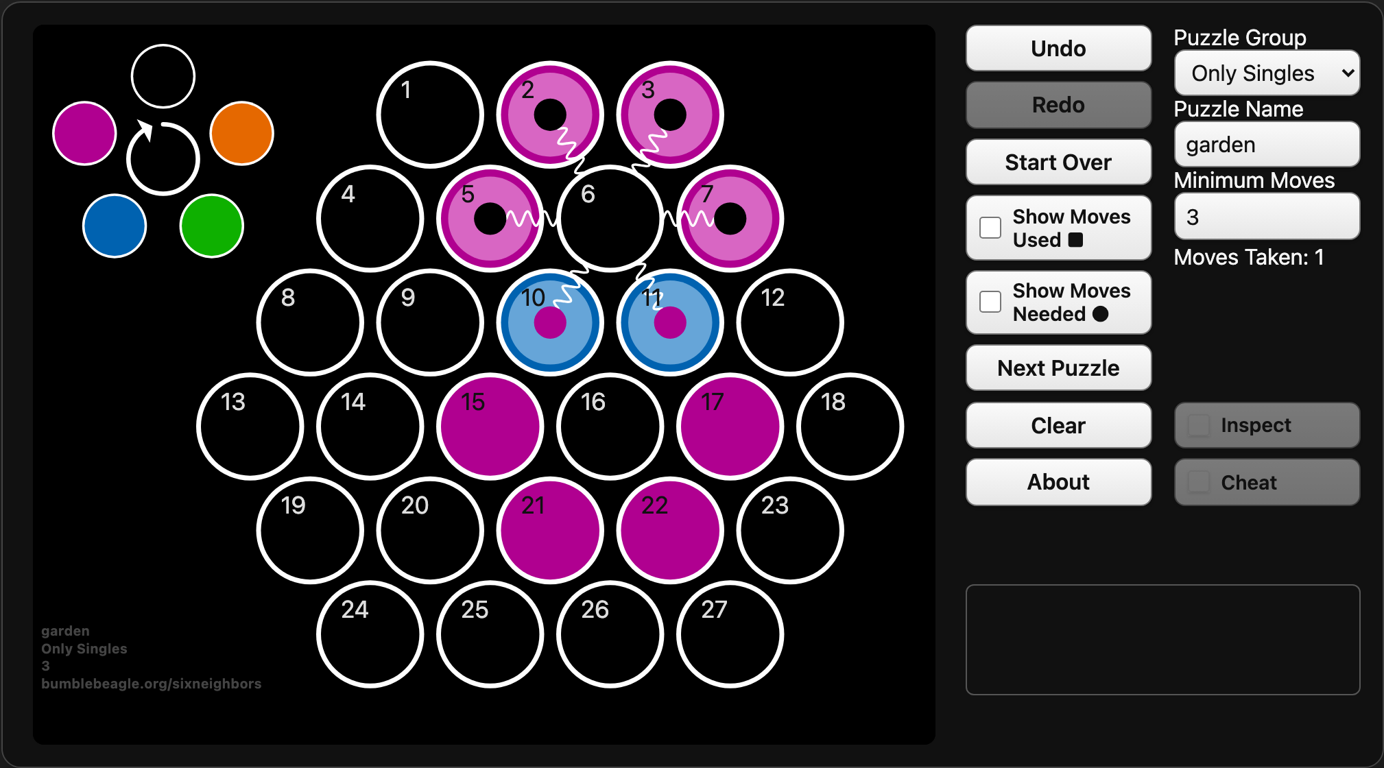 Cell 6 highlighted, previewing four neighbors changing to black and two changing to plum.