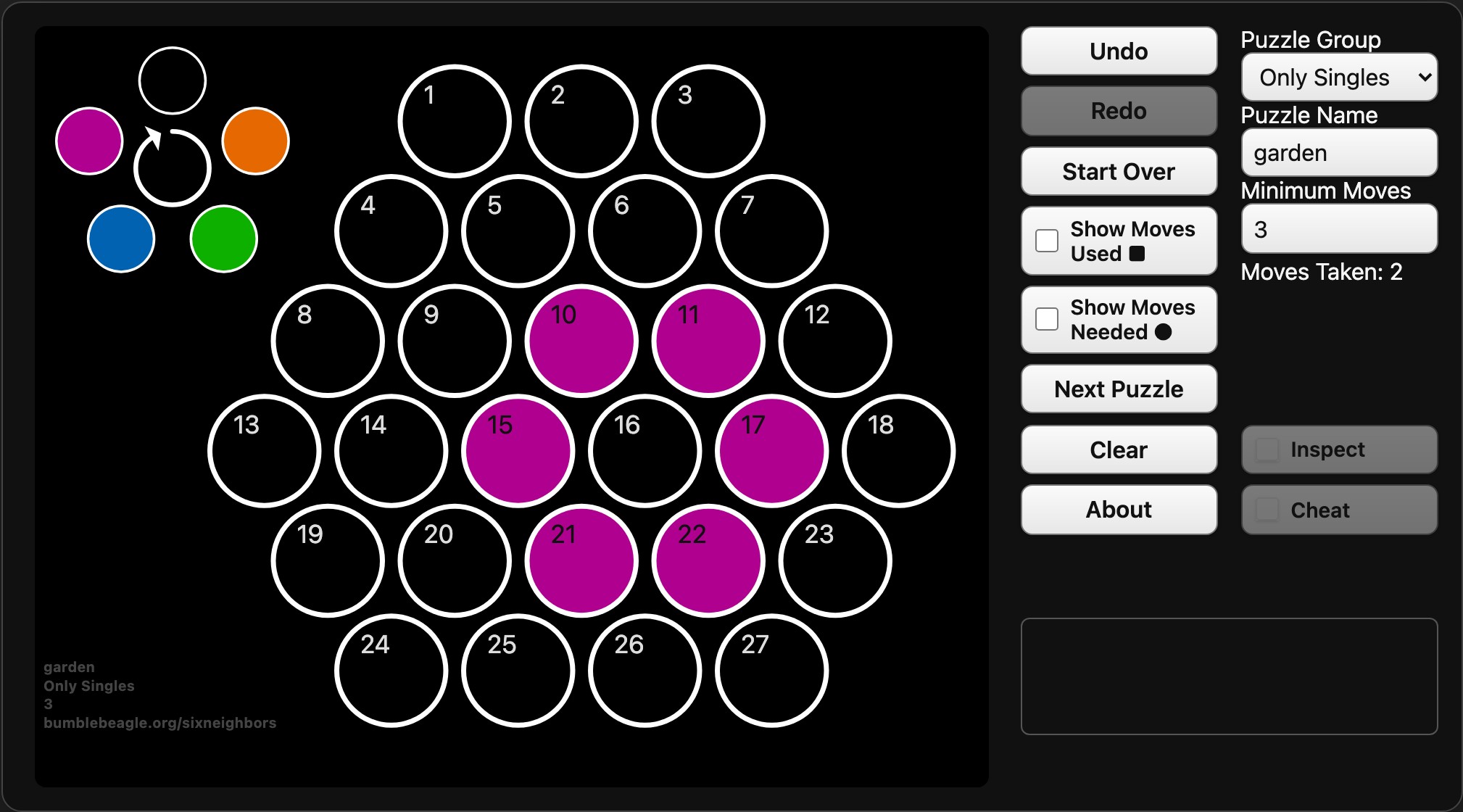 The Garden puzzle after a move on cell 6, with six plum cells forming a ring.