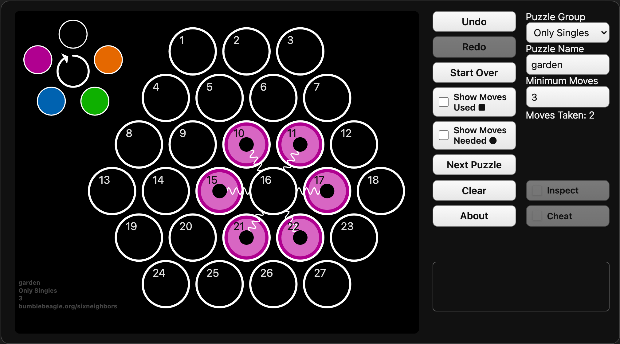 Cell 16 highlighted, showing that all six of its neighbors will change to black.