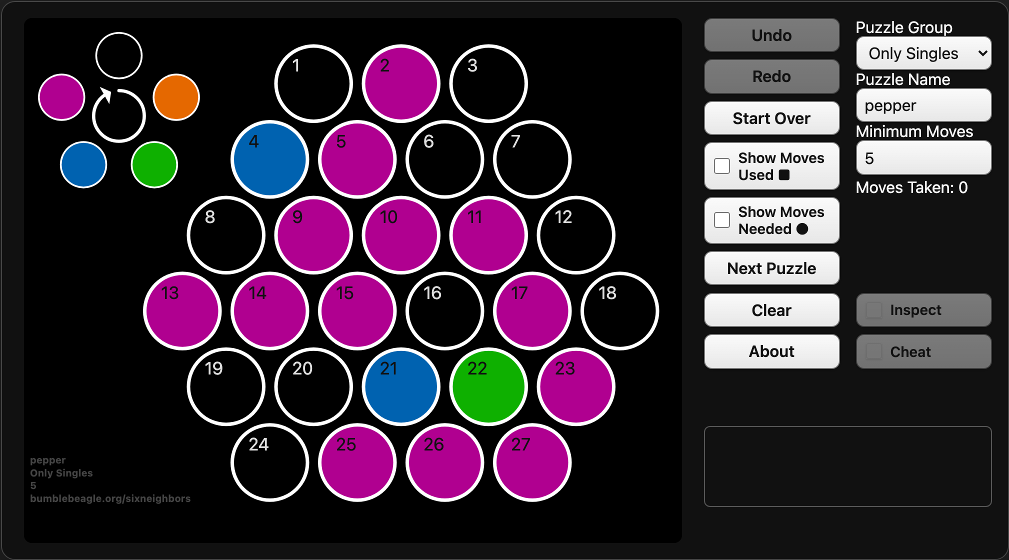 The starting pepper puzzle, with cell numbers shown for the tutorial.