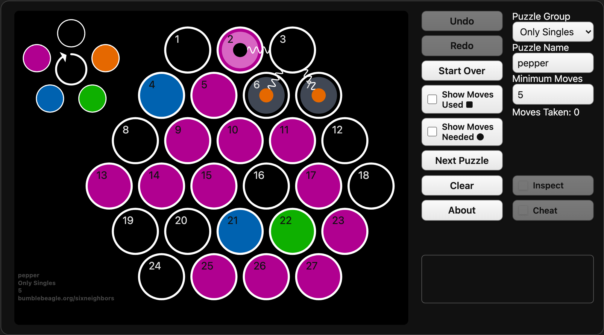 Cell 3 inspected, showing that clicking it would affect black cells 6 and 7.