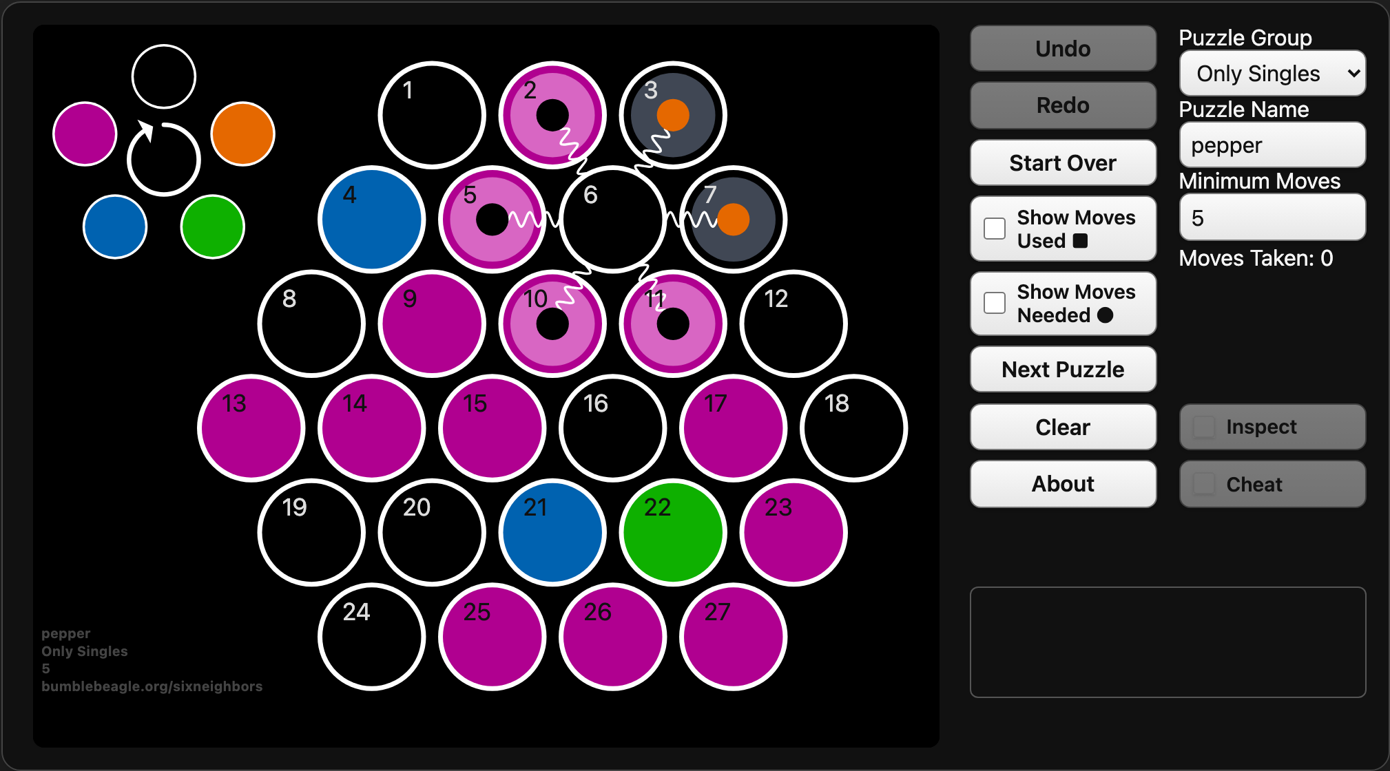 Cell 6 inspected, showing that clicking it would affect black cells 3 and 7.