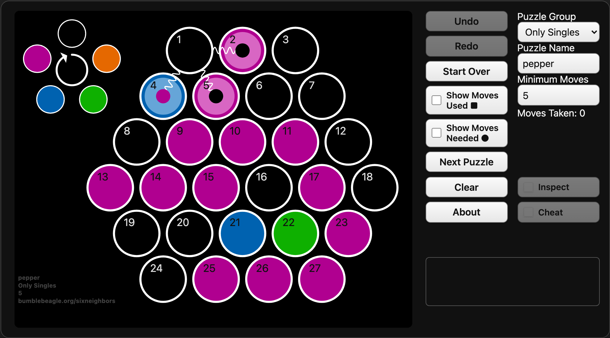 Cell 1 inspected, showing that it affects cells 2 and 6 without creating tangerine.