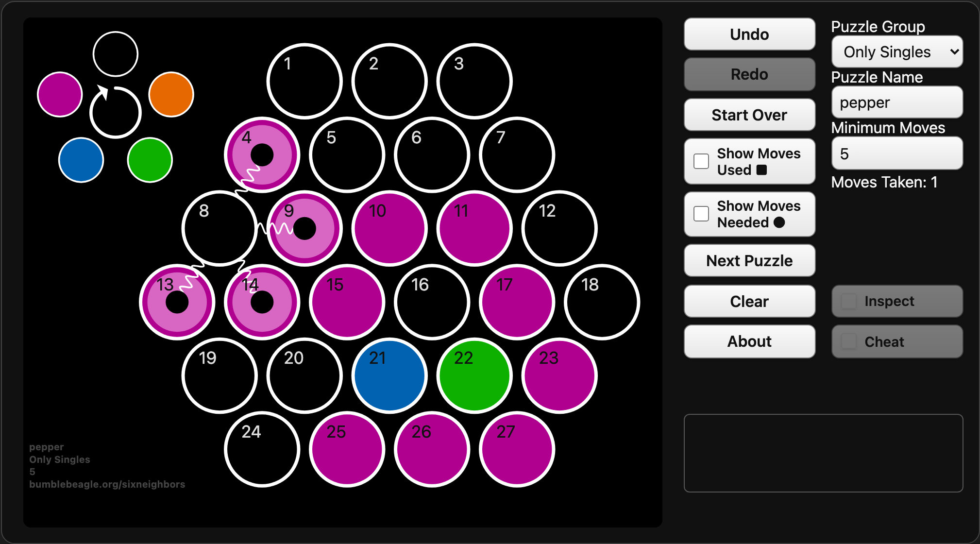 Cell 8 inspected, highlighting the four plum cells in a half-donut pattern.