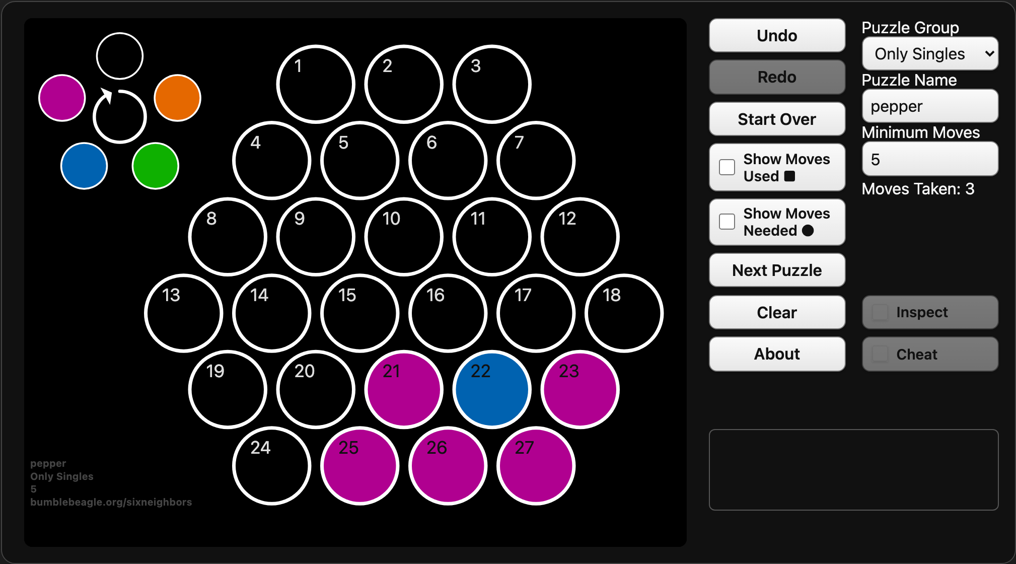 The puzzle after clicking cell 16, with two moves remaining.